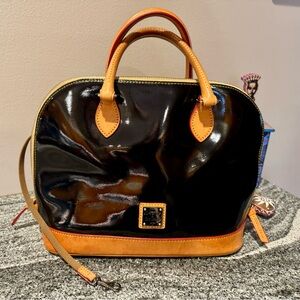 Dooney & Bourke Black Patent Leather and Tan Satchel